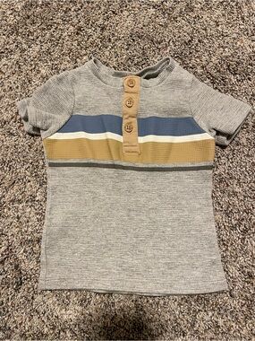 Toddler Short-Sleeve Henley Tee in Light Gray with Blue & Tan Stripes
